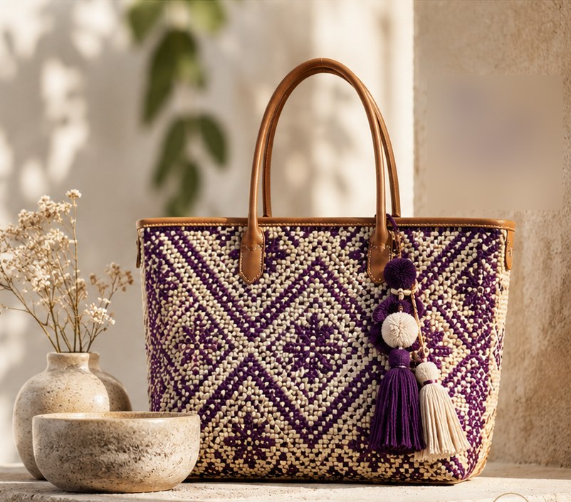 Bolsa LUM tejida en telar, morado y crema, con asas de piel